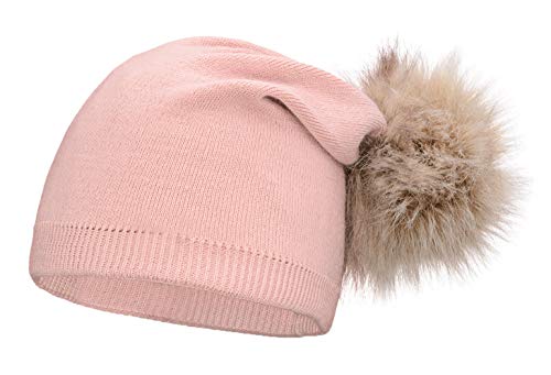 Neverless® außergewöhnliche Damen Strickmütze mit Fell-Bommel, Strick-Beanie rosa von Neverless