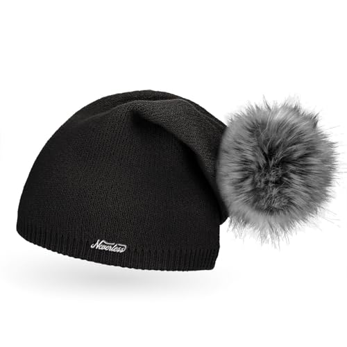 Neverless® außergewöhnliche Damen Strickmütze mit Fell-Bommel, Strick-Beanie schwarz Unisize von Neverless