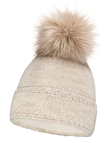 Neverless® gefütterte Damen Strickmütze mit Fell-Bommel und Fleece Futter, Winter-Mütze, Bommelmütze beige von Neverless