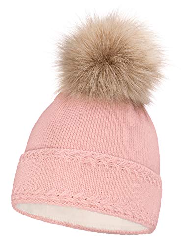 Neverless® gefütterte Damen Strickmütze mit Fell-Bommel und Fleece Futter, Winter-Mütze, Bommelmütze rosa von Neverless