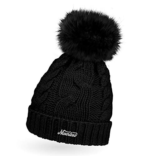 Neverless® gefütterte Damen Strickmütze mit Fell-Bommel und Fleece Futter, Winter-Mütze, Bommelmütze schwarz Unisize von Neverless