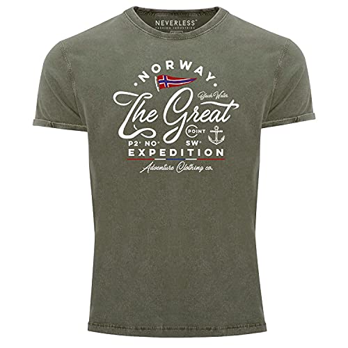 Neverless®Herren Vintage Shirt Norwegen The Great Expedition Outdoor Adventure Printshirt T-Shirt Aufdruck Used Look Oliv S von Neverless