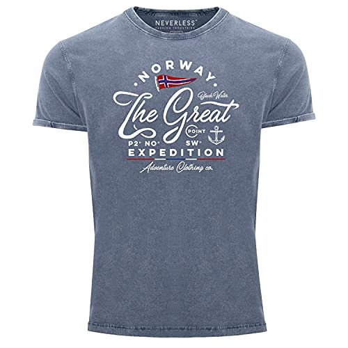 Neverless®Herren Vintage Shirt Norwegen The Great Expedition Outdoor Adventure Printshirt T-Shirt Aufdruck Used Look blau 3XL von Neverless