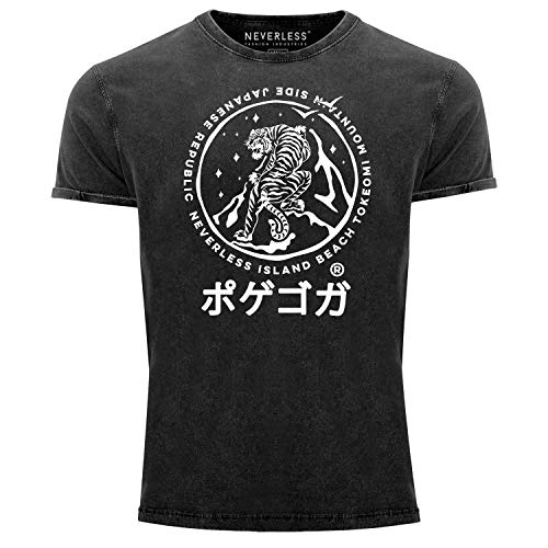 Neverless®Herren Vintage Shirt Tiger Japan asiatische Schriftzeichen Logo Printshirt T-Shirt Aufdruck Used Look Slim Fit schwarz M von Neverless