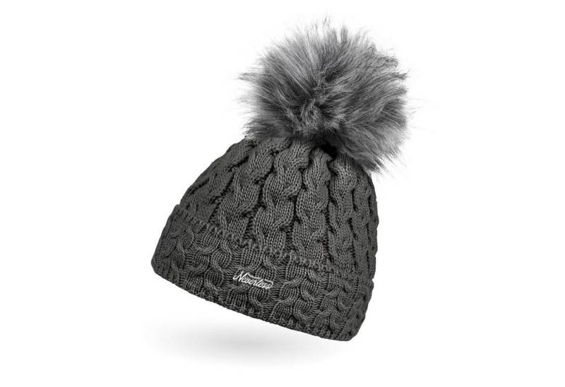 Neverless Bommelmütze Damen Strick-Mütze gefüttert Fell-Bommel Kunstfell Winter-Mütze Bommelmütze Zopfstrickmuster Fleece-Innenfutter Umschlag Neverless® von Neverless