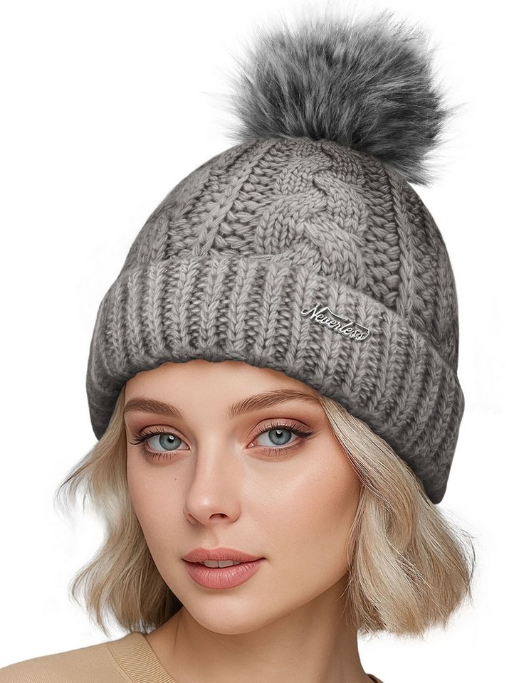 Neverless Bommelmütze Damen Strick-Mütze gefüttert Fell-Bommel Kunstfell Winter-Mütze von Neverless