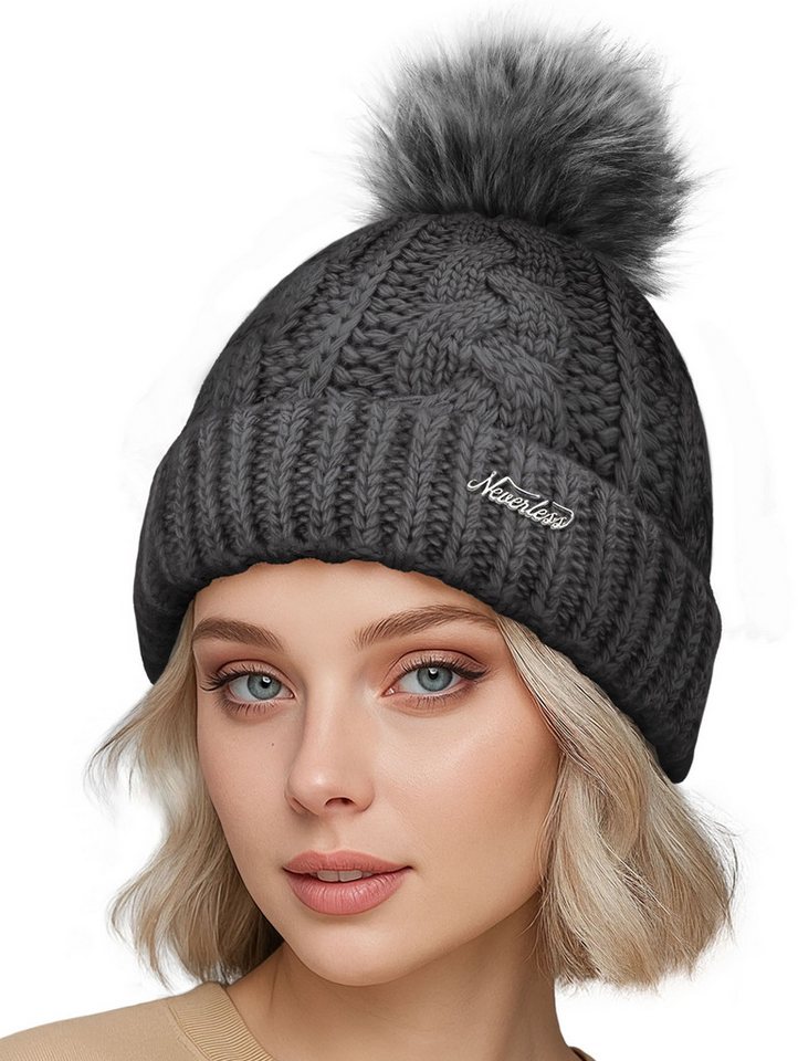 Neverless Bommelmütze Damen Strick-Mütze gefüttert Fell-Bommel Kunstfell Winter-Mütze von Neverless