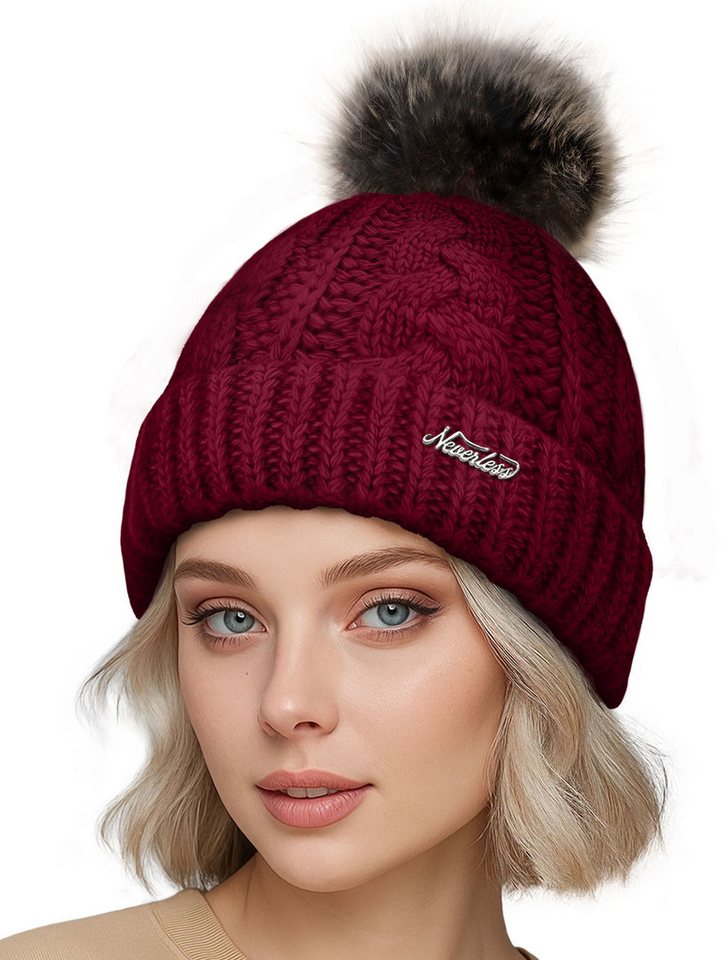 Neverless Bommelmütze Damen Strick-Mütze gefüttert Fell-Bommel Kunstfell Winter-Mütze von Neverless