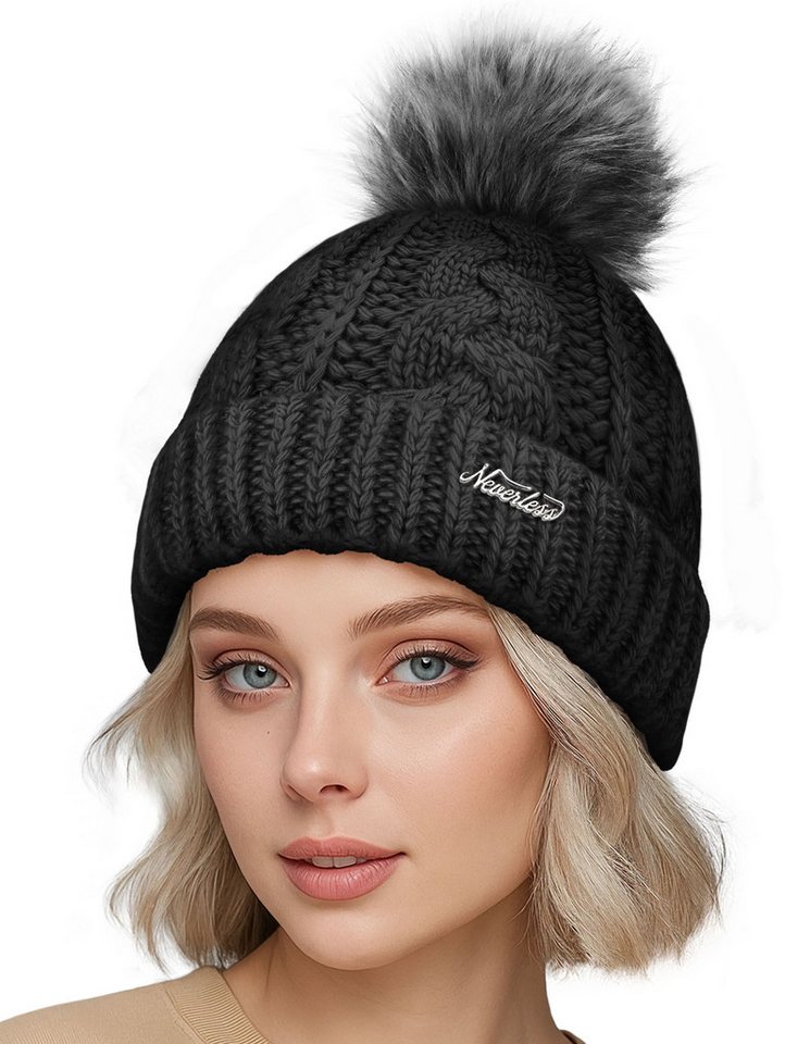 Neverless Bommelmütze Damen Strick-Mütze gefüttert Fell-Bommel Kunstfell Winter-Mütze von Neverless