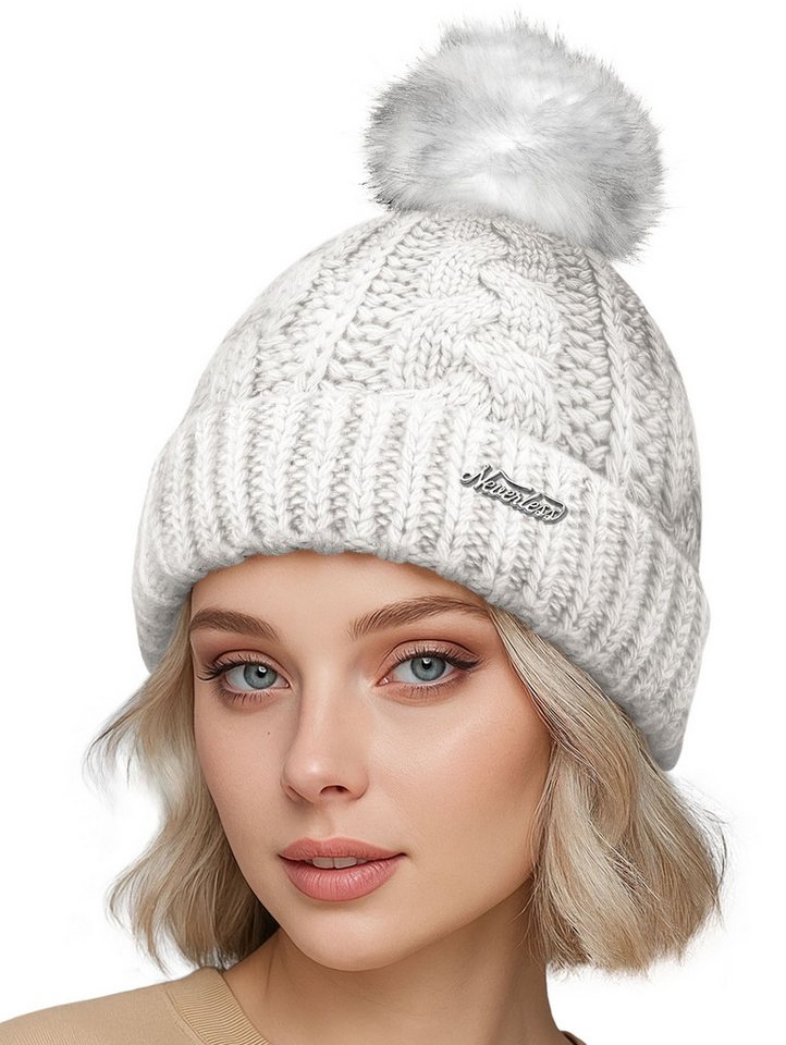 Neverless Bommelmütze Damen Strick-Mütze gefüttert Fell-Bommel Kunstfell Winter-Mütze von Neverless
