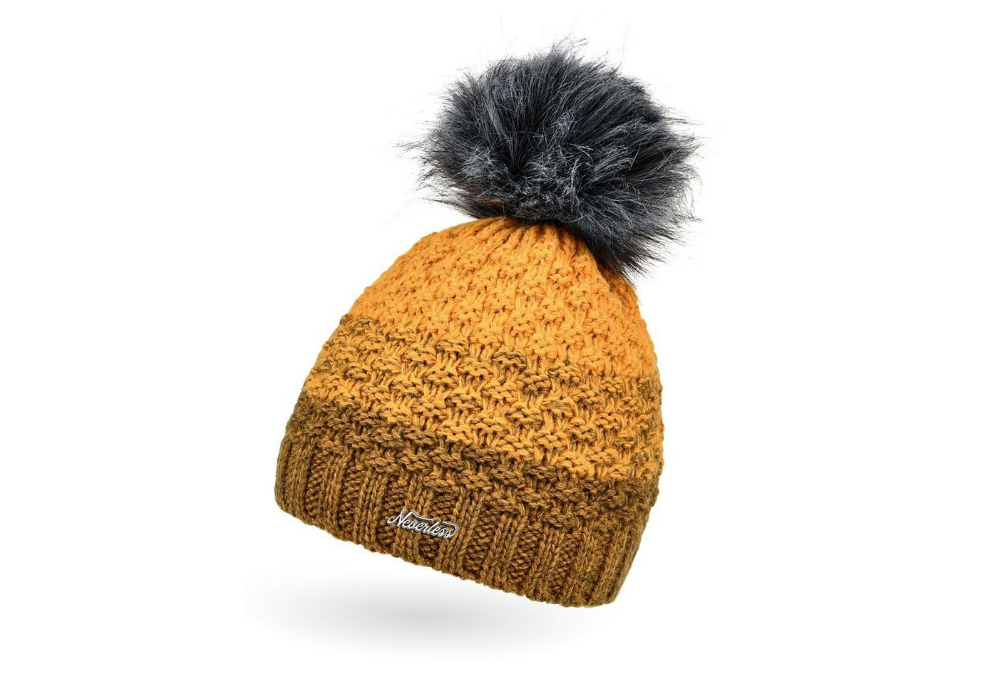 Neverless Bommelmütze Damen Strick-Mütze gefüttert Fleece-Innenfutter Fell-Bommel Kunstfell von Neverless