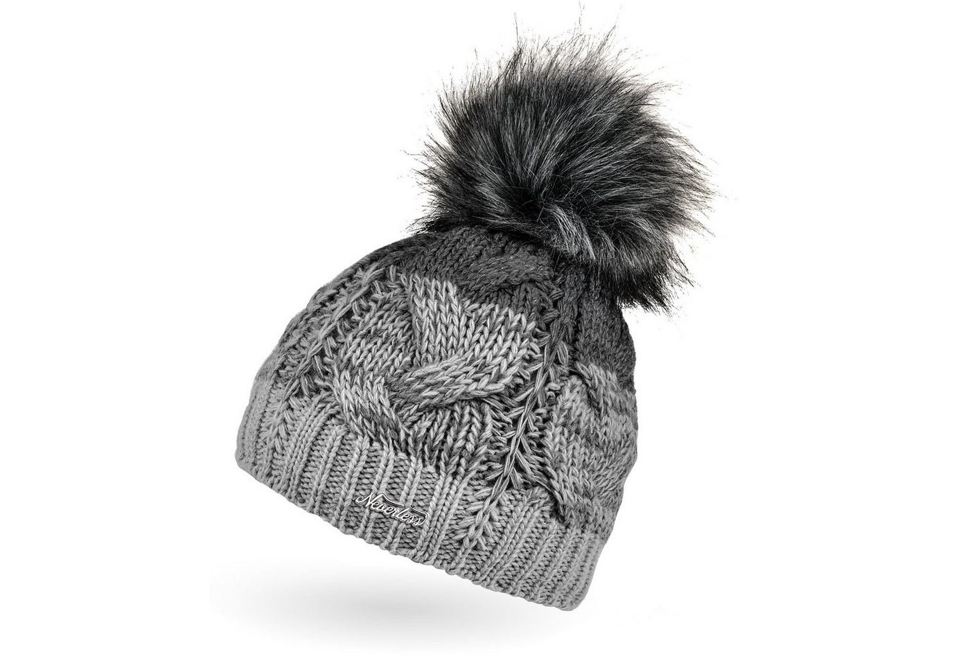 Neverless Bommelmütze Damen Strick-Mütze gefüttert Fleece-Innenfutter Fell-Bommel Kunstfell von Neverless