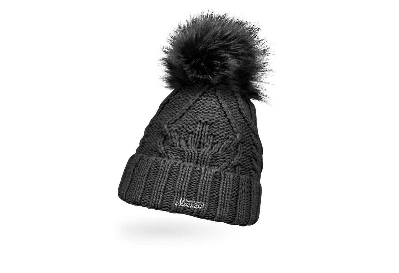 Neverless Bommelmütze Damen Strick-Mütze gefüttert Umschlag Fleecefutter Fell-Bommel Kunstfell Winter-Mütze Zopfstrick Bommelmütze Neverless® von Neverless