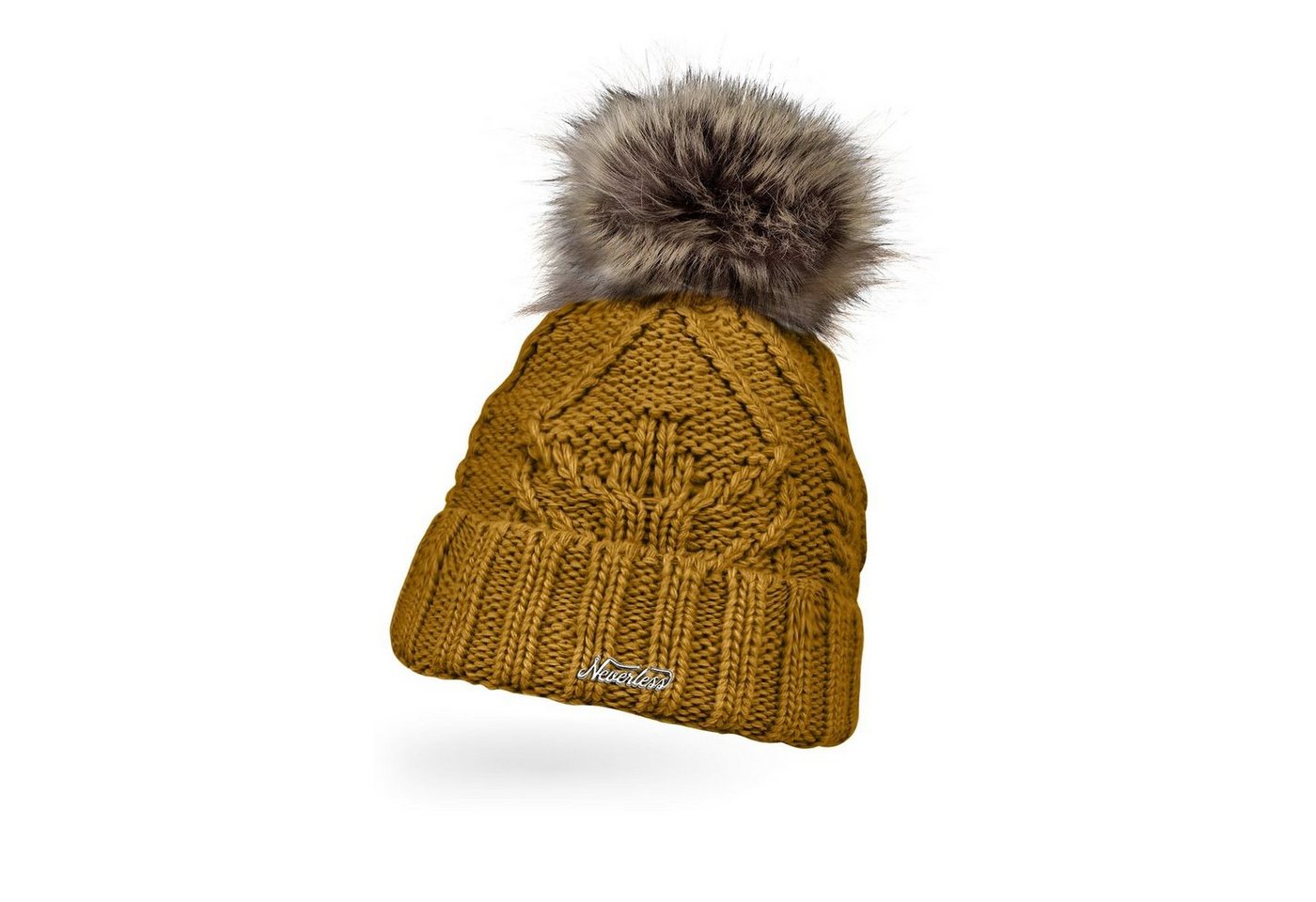 Neverless Bommelmütze Damen Strick-Mütze gefüttert Umschlag Fleecefutter Fell-Bommel von Neverless