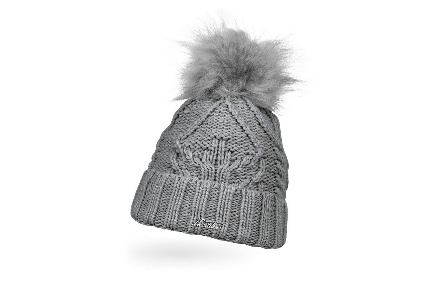 Neverless Bommelmütze Damen Strick-Mütze gefüttert Umschlag Fleecefutter Fell-Bommel von Neverless