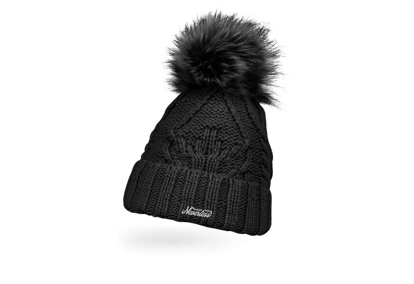 Neverless Bommelmütze Damen Strick-Mütze gefüttert Umschlag Fleecefutter Fell-Bommel von Neverless