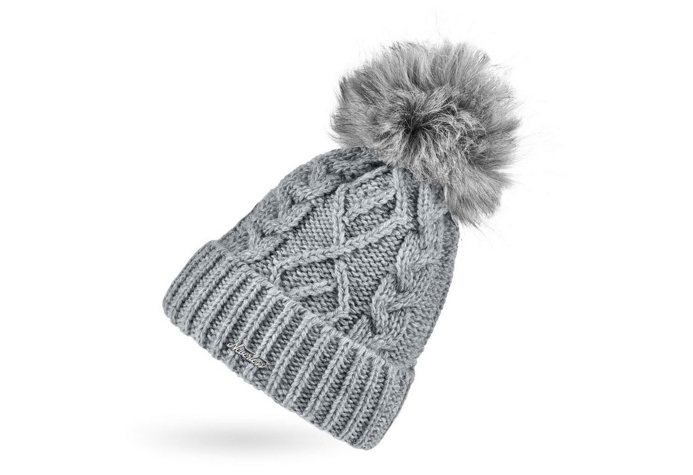 Neverless Bommelmütze Damen Strick-Mütze mit Innenfutter Fleece Fell-Bommel Kunstfell von Neverless