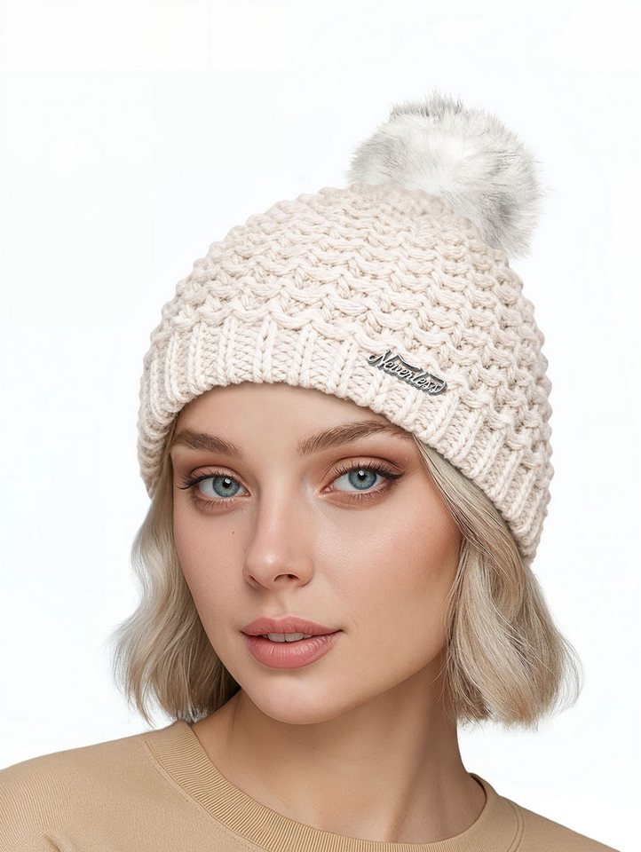 Neverless Strickmütze Damen Strickmütze Perlstrickmuster Pudelmütze Wintermütze ohne von Neverless