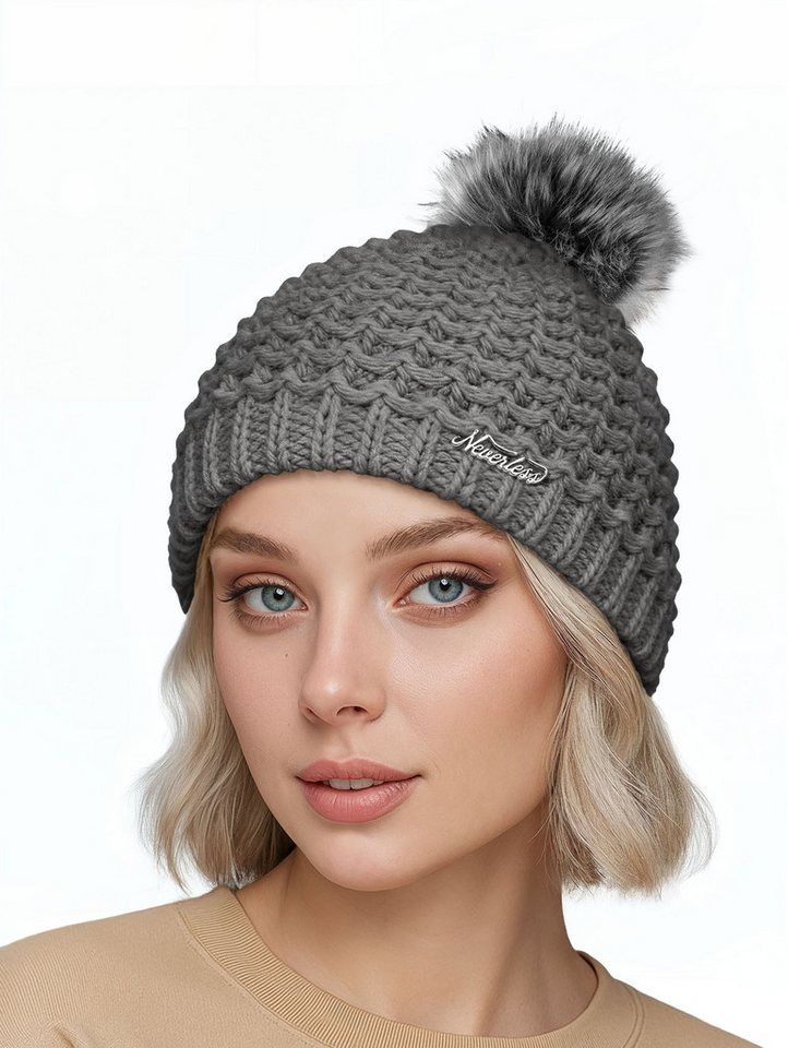 Neverless Strickmütze Damen Strickmütze Perlstrickmuster Pudelmütze Wintermütze ohne von Neverless