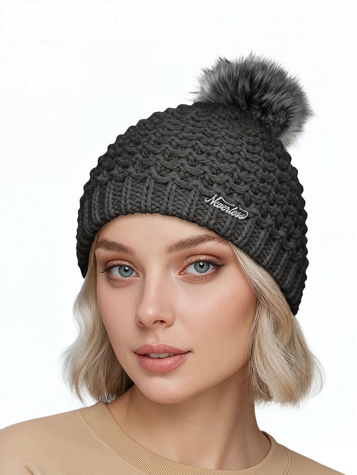 Neverless Strickmütze Damen Strickmütze Perlstrickmuster Pudelmütze Wintermütze ohne von Neverless