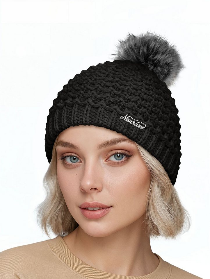 Neverless Strickmütze Damen Strickmütze Perlstrickmuster Pudelmütze Wintermütze ohne von Neverless