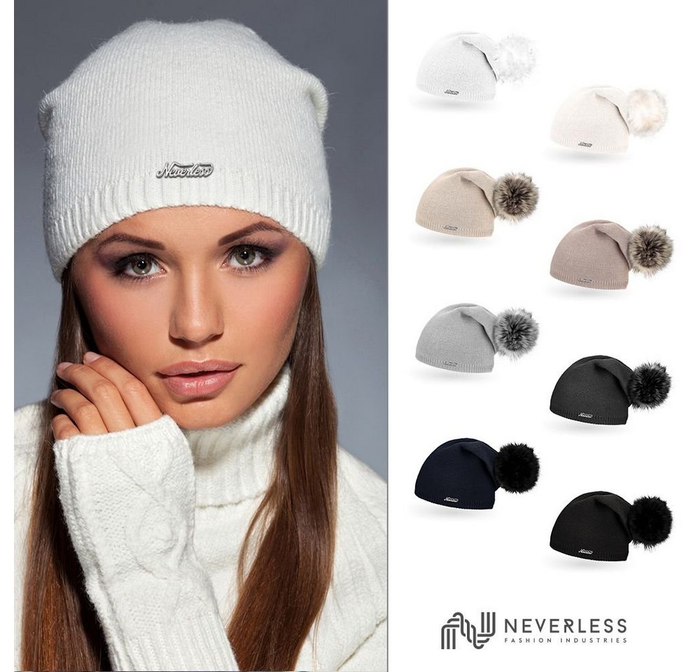 Neverless Bommelmütze Damen Strickmütze mit Fell-Bommel, Strick-Beanie Bommelmütze von Neverless