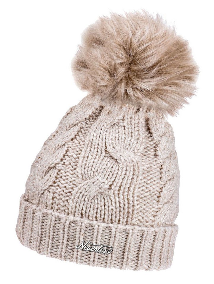 Neverless Strickmütze Damen Strickmütze mit Bommel Grobstrick Pudelmütze mit Fellbommel von Neverless