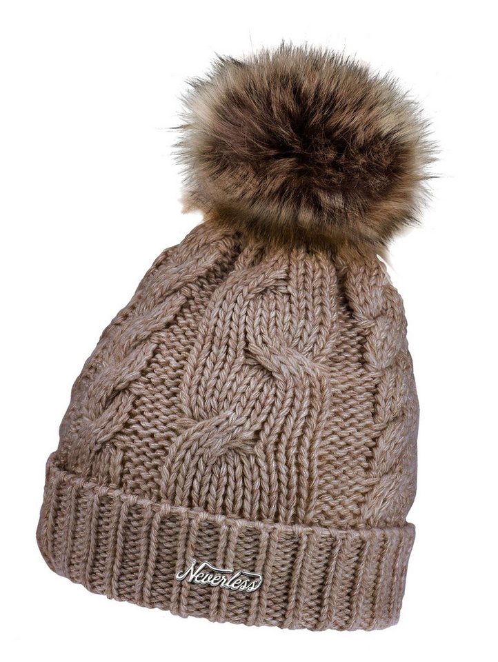 Neverless Strickmütze Damen Strickmütze mit Bommel Grobstrick Pudelmütze mit Fellbommel von Neverless