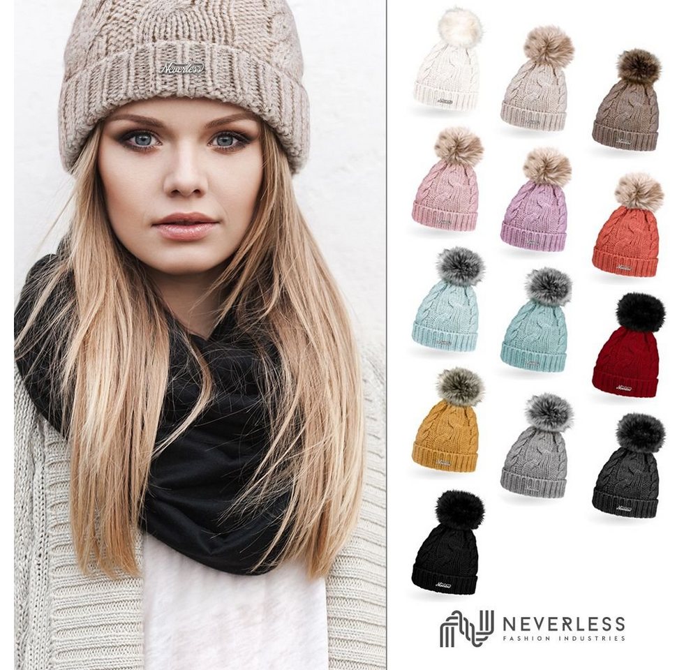 Neverless Bommelmütze Warme Strickmütze Damen Wintermütze Bommelmütze Zopfmuster gefüttert von Neverless