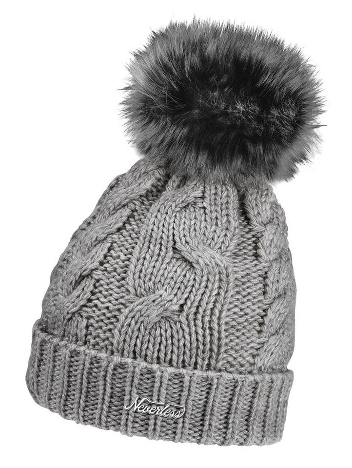 Neverless Strickmütze Damen Strickmütze mit Bommel Grobstrick Pudelmütze mit Fellbommel von Neverless