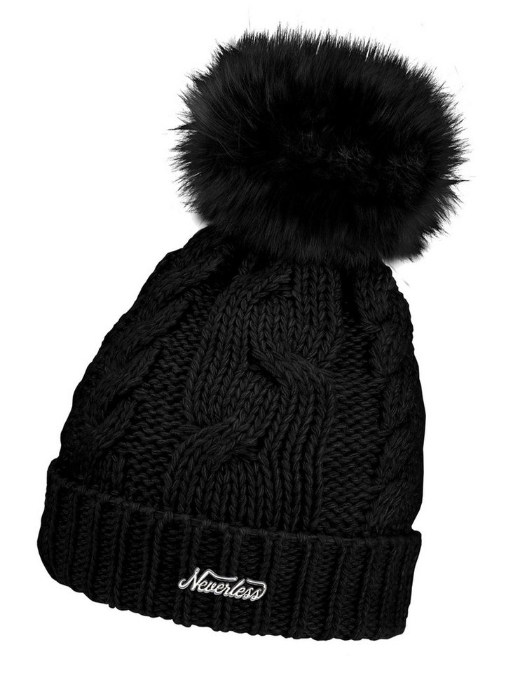 Neverless Strickmütze Damen Strickmütze mit Bommel Grobstrick Pudelmütze mit Fellbommel von Neverless
