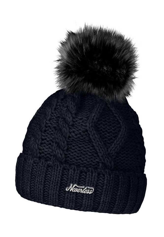 Neverless Bommelmütze gefütterte Damen Strickmütze Fell-Bommel Fleece-Futter Kunstfell von Neverless
