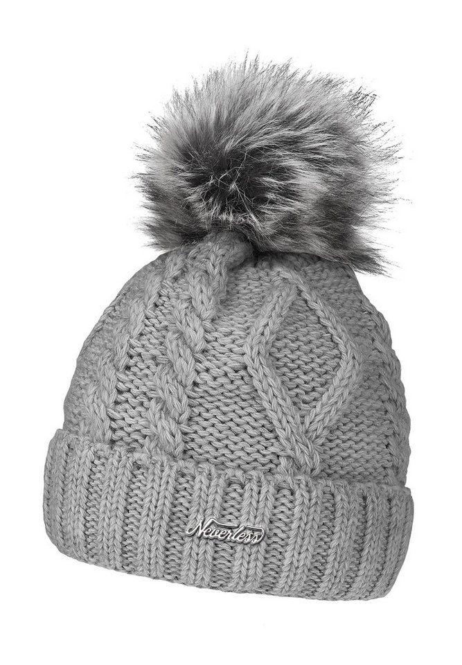 Neverless Bommelmütze gefütterte Damen Strickmütze Fell-Bommel Fleece-Futter Kunstfell von Neverless