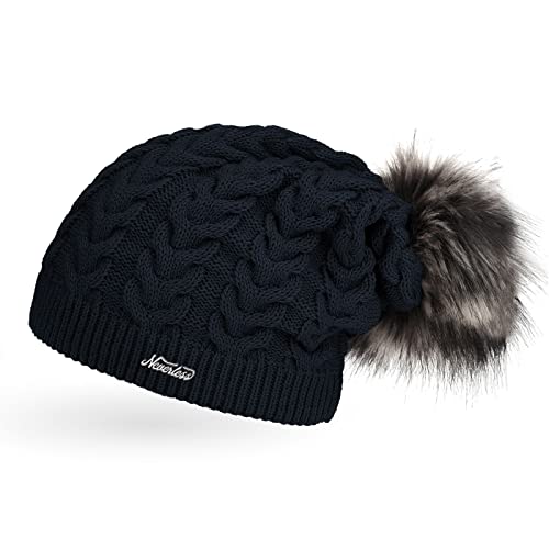 Neverless Coole Damen Strickmütze Strick-Beanie gefüttert mit Fell-Bommel, Winter-Mütze, Bommelmütze, Navy Unisize von Neverless