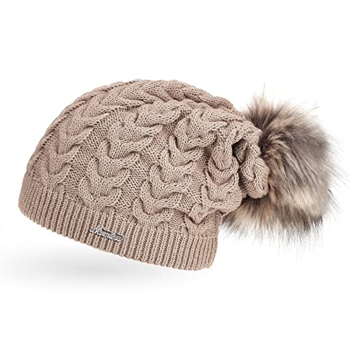 Neverless Coole Damen Strickmütze Strick-Beanie gefüttert mit Fell-Bommel, Winter-Mütze, Bommelmütze, dunkel-beige Unisize von Neverless