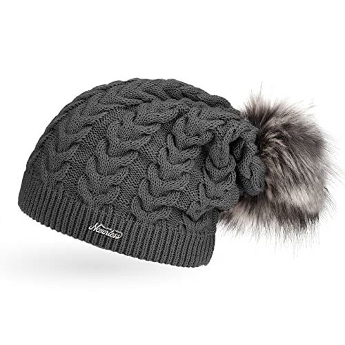 Neverless Coole Damen Strickmütze Strick-Beanie gefüttert mit Fell-Bommel, Winter-Mütze, Bommelmütze, dunkelgrau Unisize von Neverless