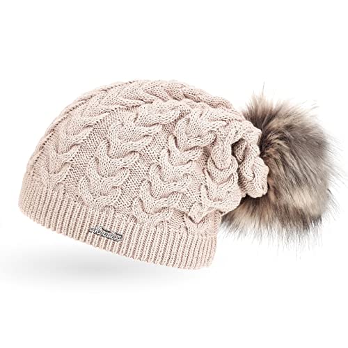 Neverless Coole Damen Strickmütze Strick-Beanie gefüttert mit Fell-Bommel, Winter-Mütze, Bommelmütze, hell-beige Unisize von Neverless