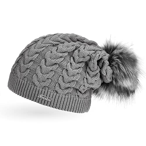 Neverless Coole Damen Strickmütze Strick-Beanie gefüttert mit Fell-Bommel, Winter-Mütze, Bommelmütze, Hellgrau Unisize von Neverless