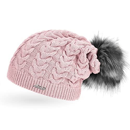 Neverless Coole Damen Strickmütze Strick-Beanie gefüttert mit Fell-Bommel, Winter-Mütze, Bommelmütze, rosa Unisize von Neverless