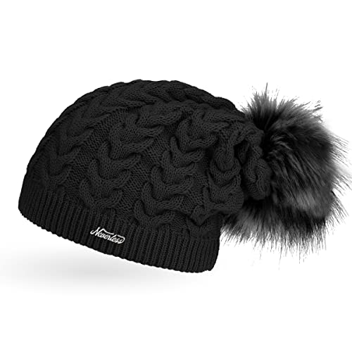 Neverless Coole Damen Strickmütze Strick-Beanie gefüttert mit Fell-Bommel, Winter-Mütze, Bommelmütze, schwarz Unisize von Neverless