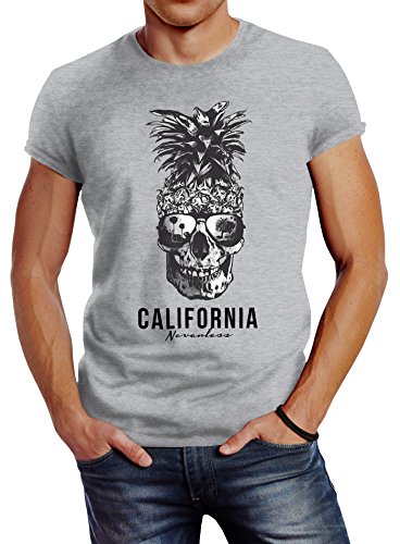 Neverless Cooles Herren T-Shirt Pineapple Skull Sonnenbrille Ananas Totenkopf Slim Fit grau XL von Neverless
