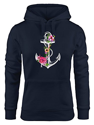 Neverless Damen Hoodie Anker Blumen Flower Anchor Watercolor Kapuzen-Pullover Navy XL von Neverless