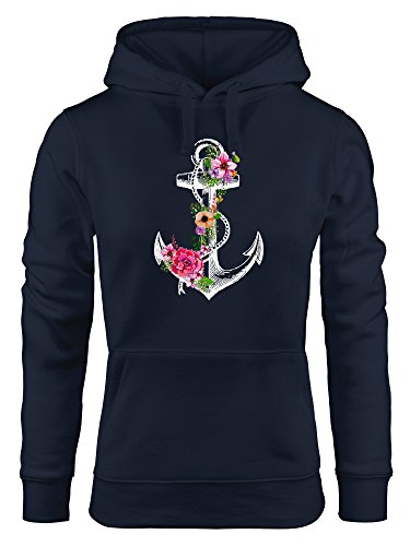 Neverless Damen Hoodie Anker Blumen Flower Anchor Watercolor Kapuzen-Pullover Navy XS von Neverless