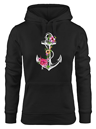 Neverless Damen Hoodie Anker Blumen Flower Anchor Watercolor Kapuzen-Pullover schwarz M von Neverless