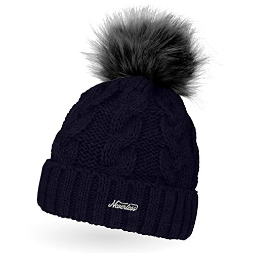 Neverless Damen Strick-Mütze gefüttert mit Fell-Bommel, Kunstfell, Winter-Mütze, Bommelmütze, Navy Unisize von Neverless