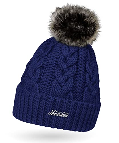 Neverless Damen Strick-Mütze gefüttert mit Kunst-Fell-Bommel, Winter-Mütze, Bommelmütze, Navy Unisize von Neverless