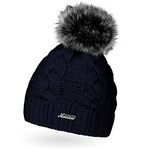 Neverless Damen Strick-Mütze gefüttert mit Kunstfell-Bommel, Winter-Mütze, Bommelmütze, Navy Unisize von Neverless