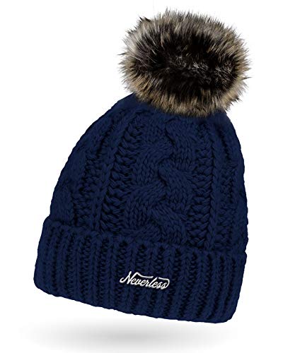 Neverless Damen Strick-Mütze gefüttert mit Fell-Bommel, Kunstfell, Winter-Mütze, Bommelmütze, Navy Unisize von Neverless