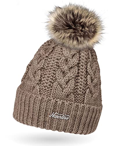 Neverless Damen Strick-Mütze gefüttert mit Kunst-Fell-Bommel, Winter-Mütze, Bommelmütze, dunkel-beige Unisize von Neverless