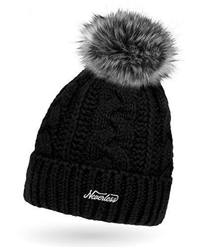 Neverless Damen Strick-Mütze gefüttert mit Fell-Bommel, Kunstfell, Winter-Mütze, Bommelmütze, schwarz Unisize von Neverless